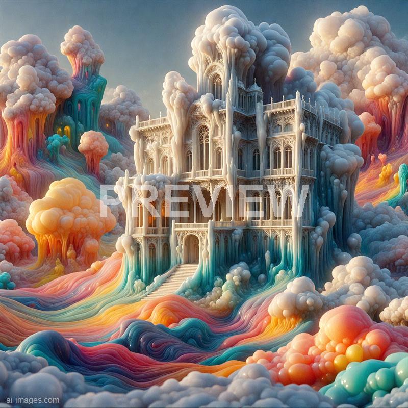 The image depicts a surreal, fantastical castle with intricate gothic architecture, featuring tall spires, arched windows, and detailed balustrades. The castle appears to be made of a white, icy material, with parts of it melting or dripping, blending into the surrounding vibrant, swirling clouds and colorful, flowing terrain. The background sky is a soft gradient, complementing the dreamlike atmosphere of the scene.